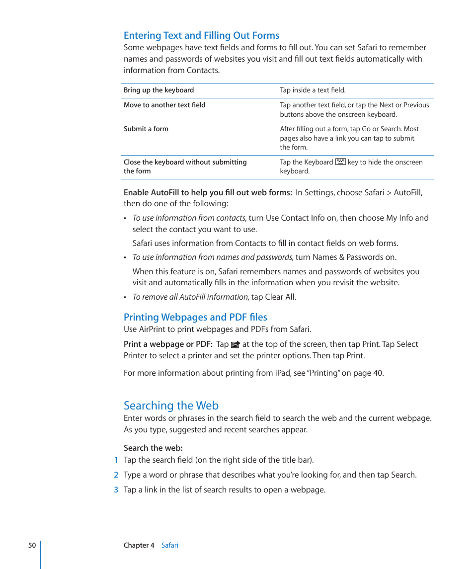 Searching the web, 50 searching the web, Entering text and filling out forms | Printing webpages and pdf files | Apple iPad For iOS 4.3 User Manual | Page 50 / 198