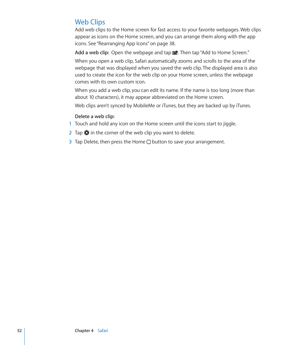 Web clips, 52 web clips | Apple iPad For iOS 4.3 User Manual | Page 52 / 198