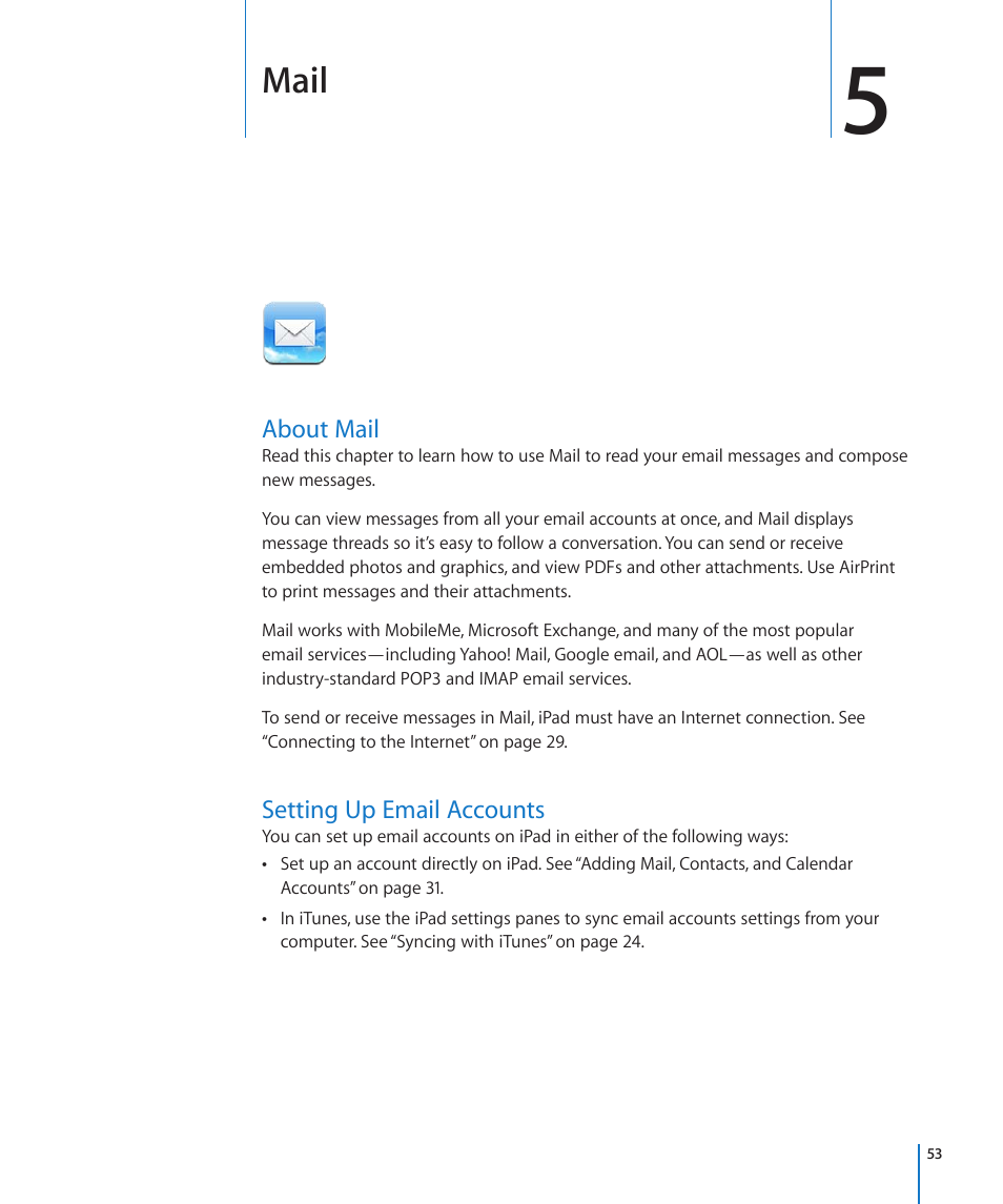 Chapter 5: mail, About mail, Setting up email accounts | 53 about mail 53 setting up email accounts, Mail | Apple iPad For iOS 4.3 User Manual | Page 53 / 198