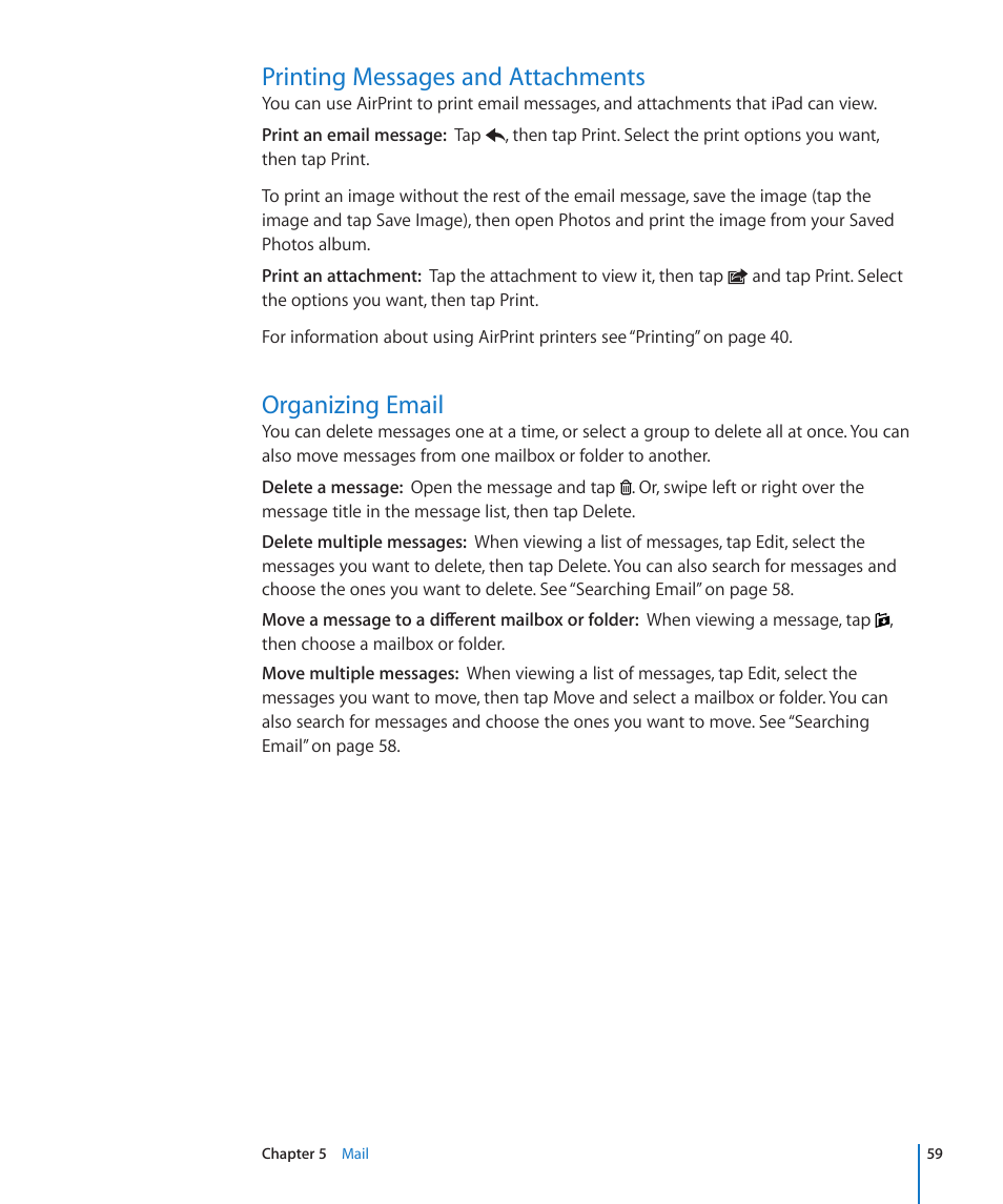 Printing messages and attachments, Organizing email | Apple iPad For iOS 4.3 User Manual | Page 59 / 198