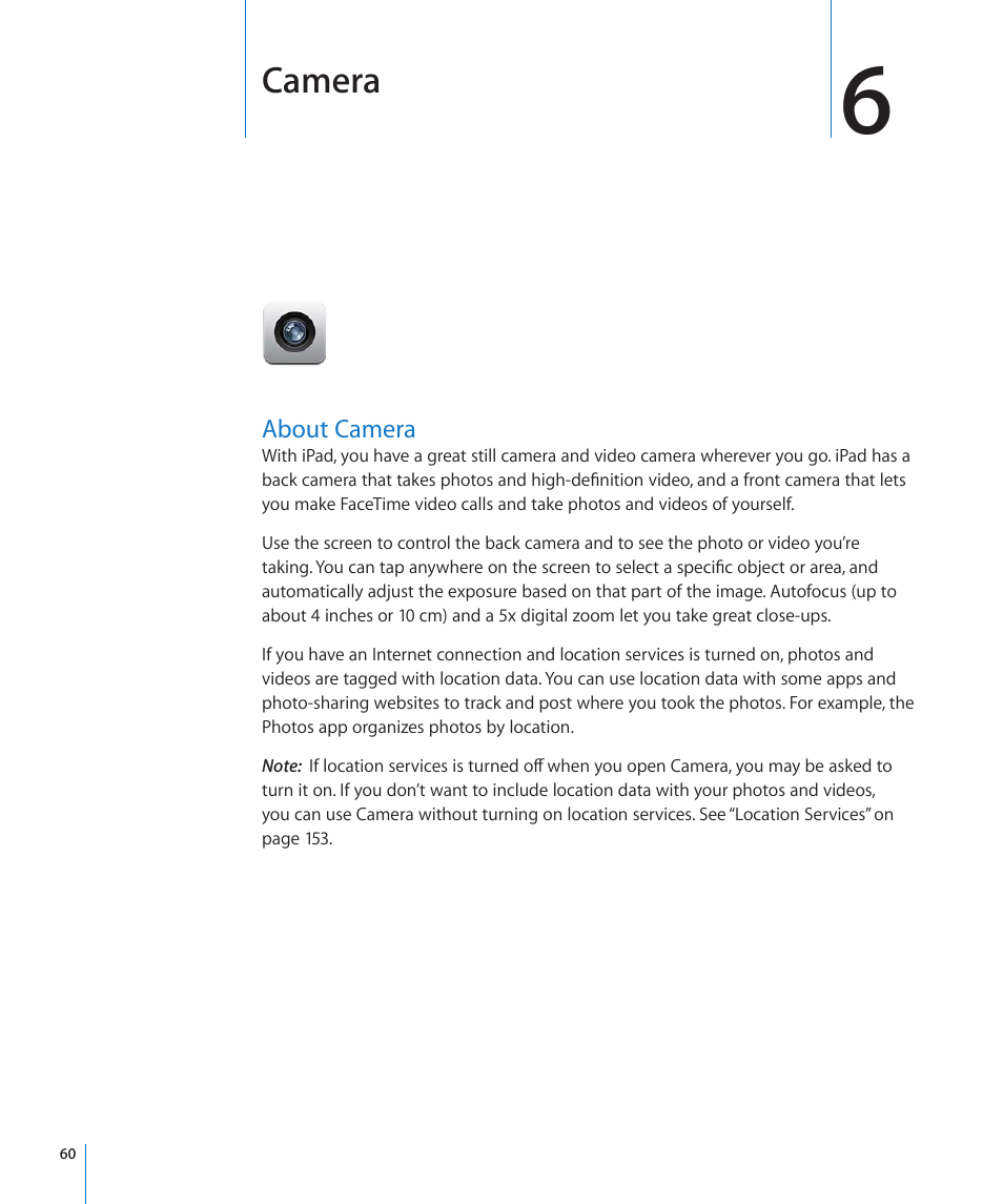 Chapter 6: camera, About camera, 60 about camera | Camera | Apple iPad For iOS 4.3 User Manual | Page 60 / 198