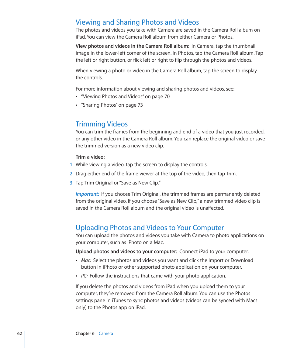 Viewing and sharing photos and videos, Trimming videos, Uploading photos and videos to your computer | Apple iPad For iOS 4.3 User Manual | Page 62 / 198