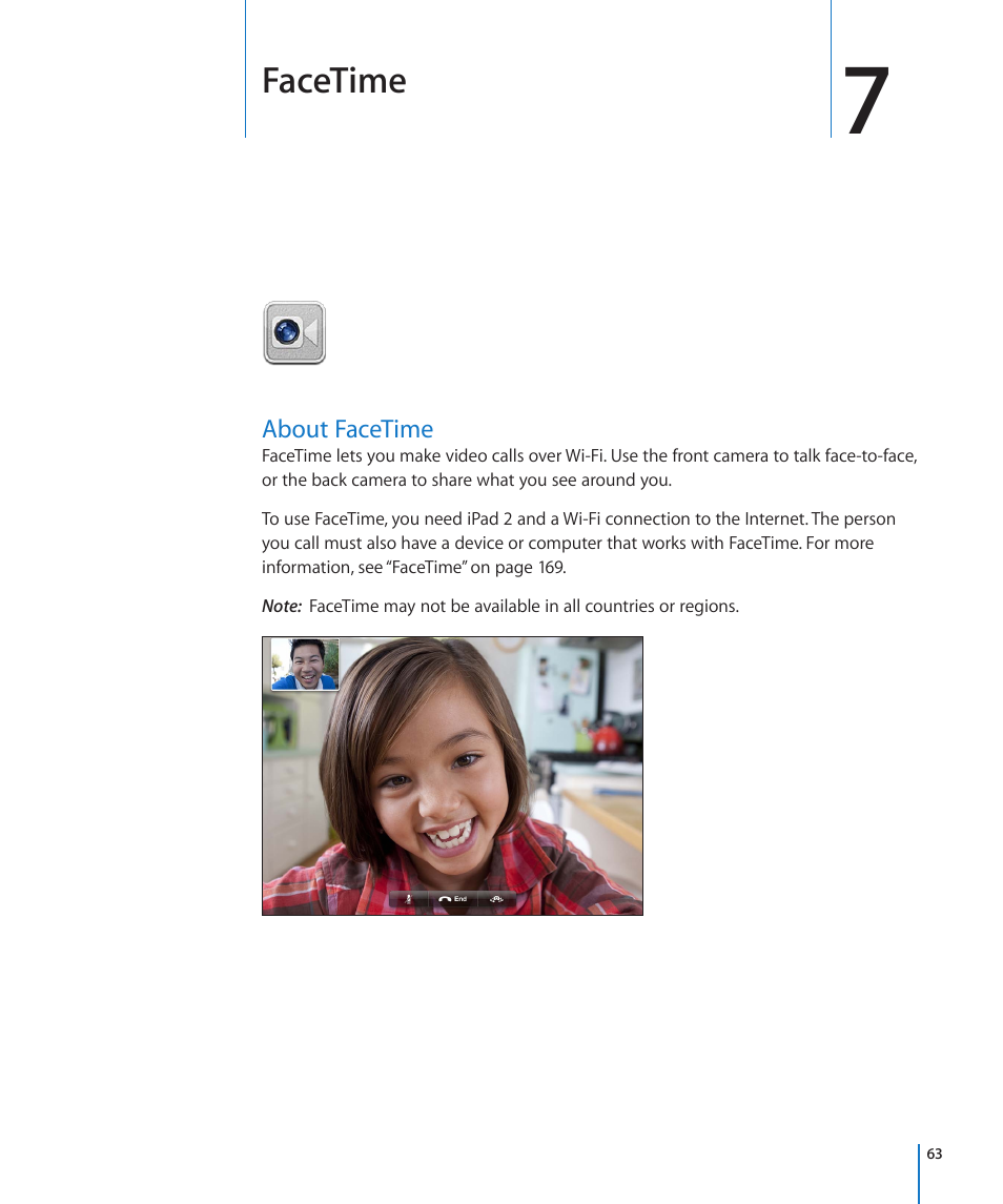 Chapter 7: facetime, About facetime, 63 about facetime | Facetime | Apple iPad For iOS 4.3 User Manual | Page 63 / 198