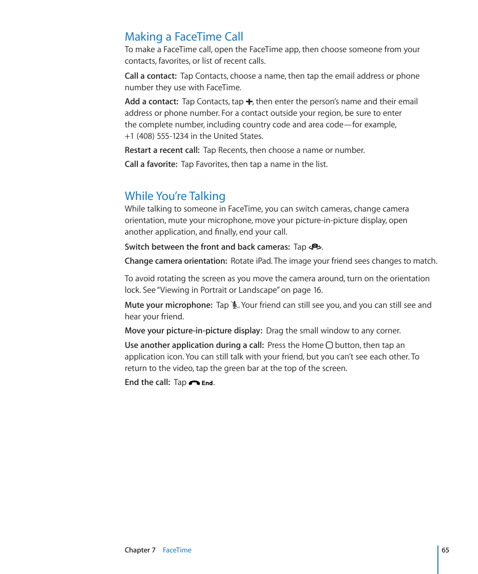 Making a facetime call, While you’re talking, 65 making a facetime call 65 while you’re talking | Apple iPad For iOS 4.3 User Manual | Page 65 / 198