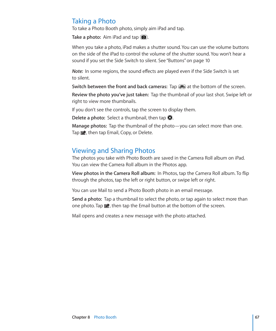 Taking a photo, Viewing and sharing photos, 67 taking a photo 67 viewing and sharing photos | Apple iPad For iOS 4.3 User Manual | Page 67 / 198