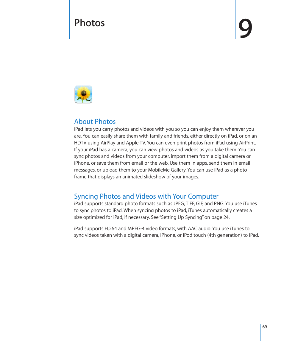 Chapter 9: photos, About photos, Syncing photos and videos with your computer | Photos | Apple iPad For iOS 4.3 User Manual | Page 69 / 198