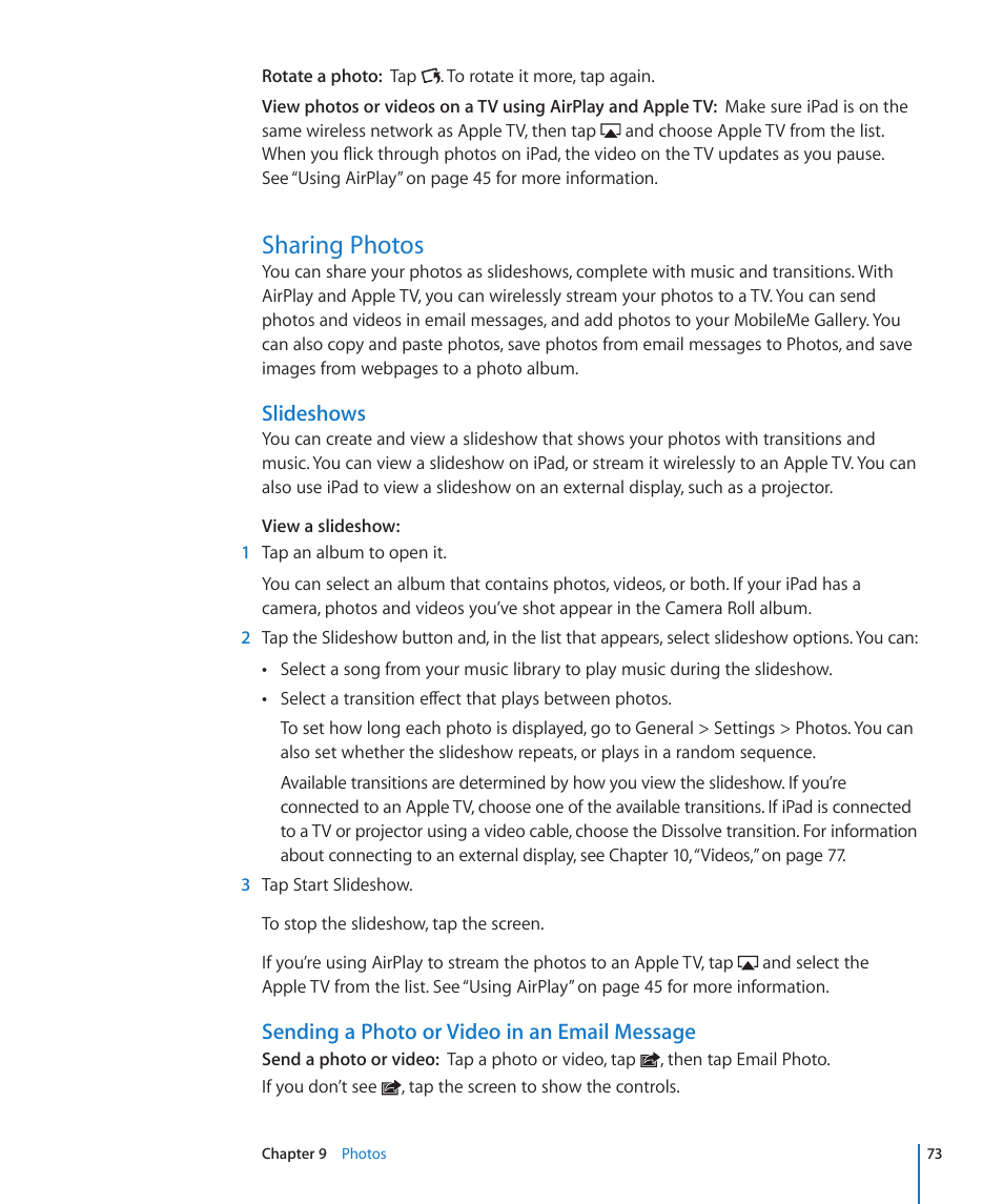 Sharing photos, 73 sharing photos, Slideshows | Sending a photo or video in an email message | Apple iPad For iOS 4.3 User Manual | Page 73 / 198