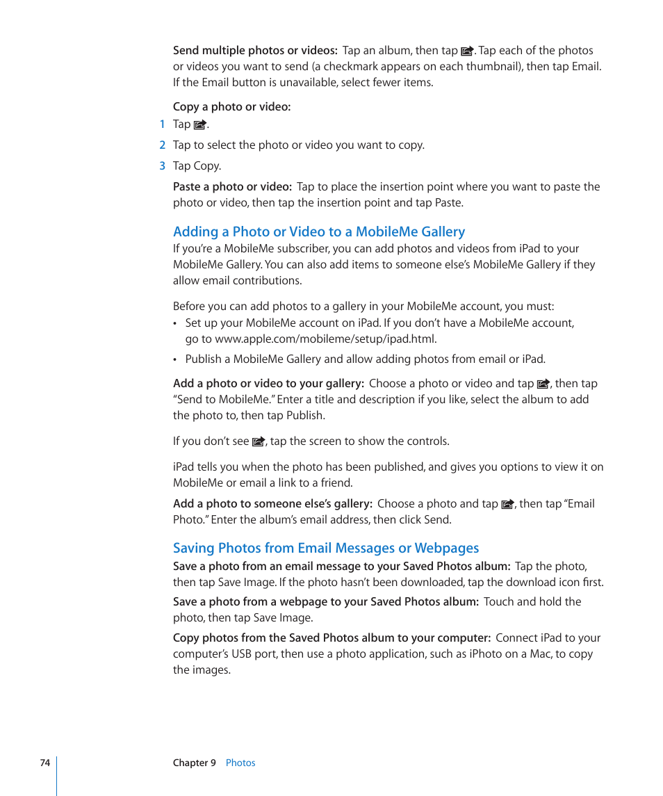 Adding a photo or video to a mobileme gallery, Saving photos from email messages or webpages | Apple iPad For iOS 4.3 User Manual | Page 74 / 198
