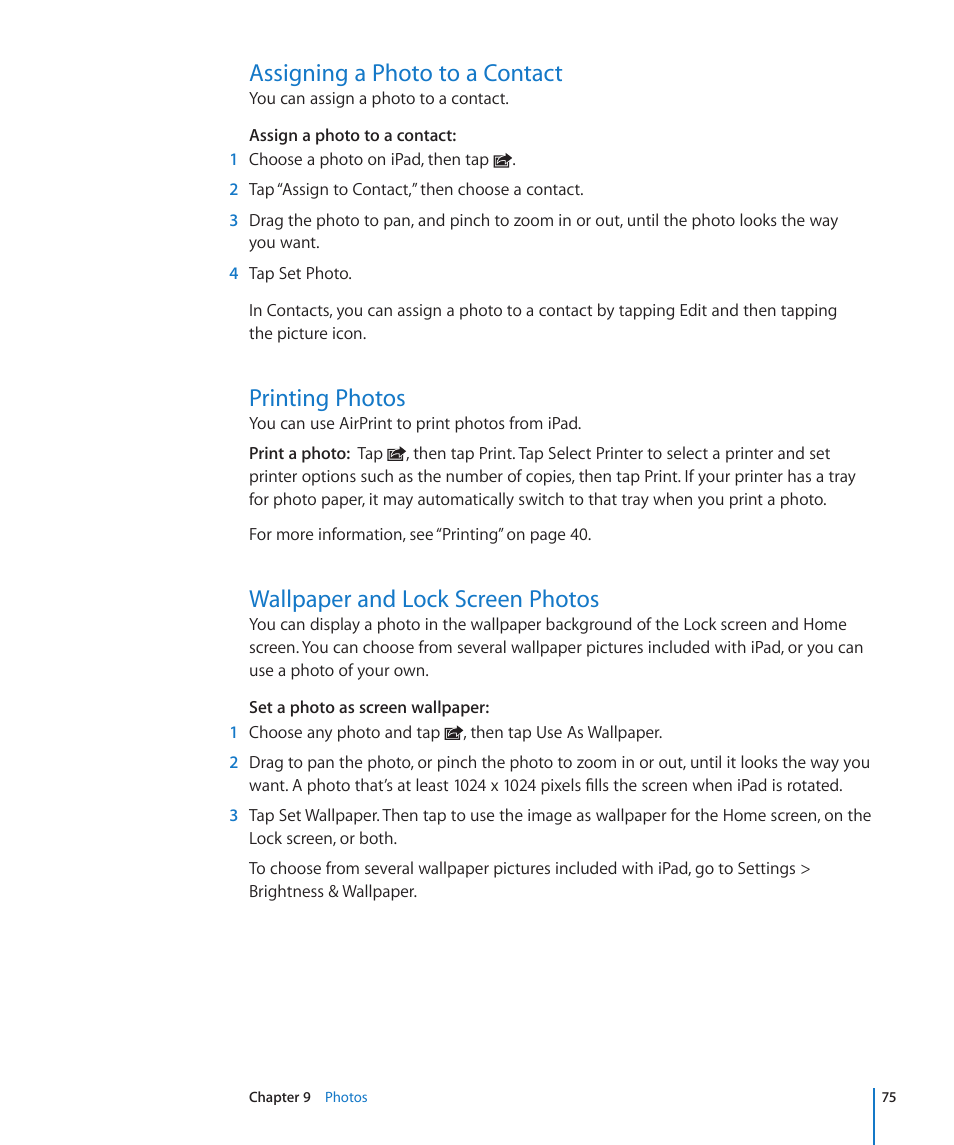 Assigning a photo to a contact, Printing photos, Wallpaper and lock screen photos | Apple iPad For iOS 4.3 User Manual | Page 75 / 198