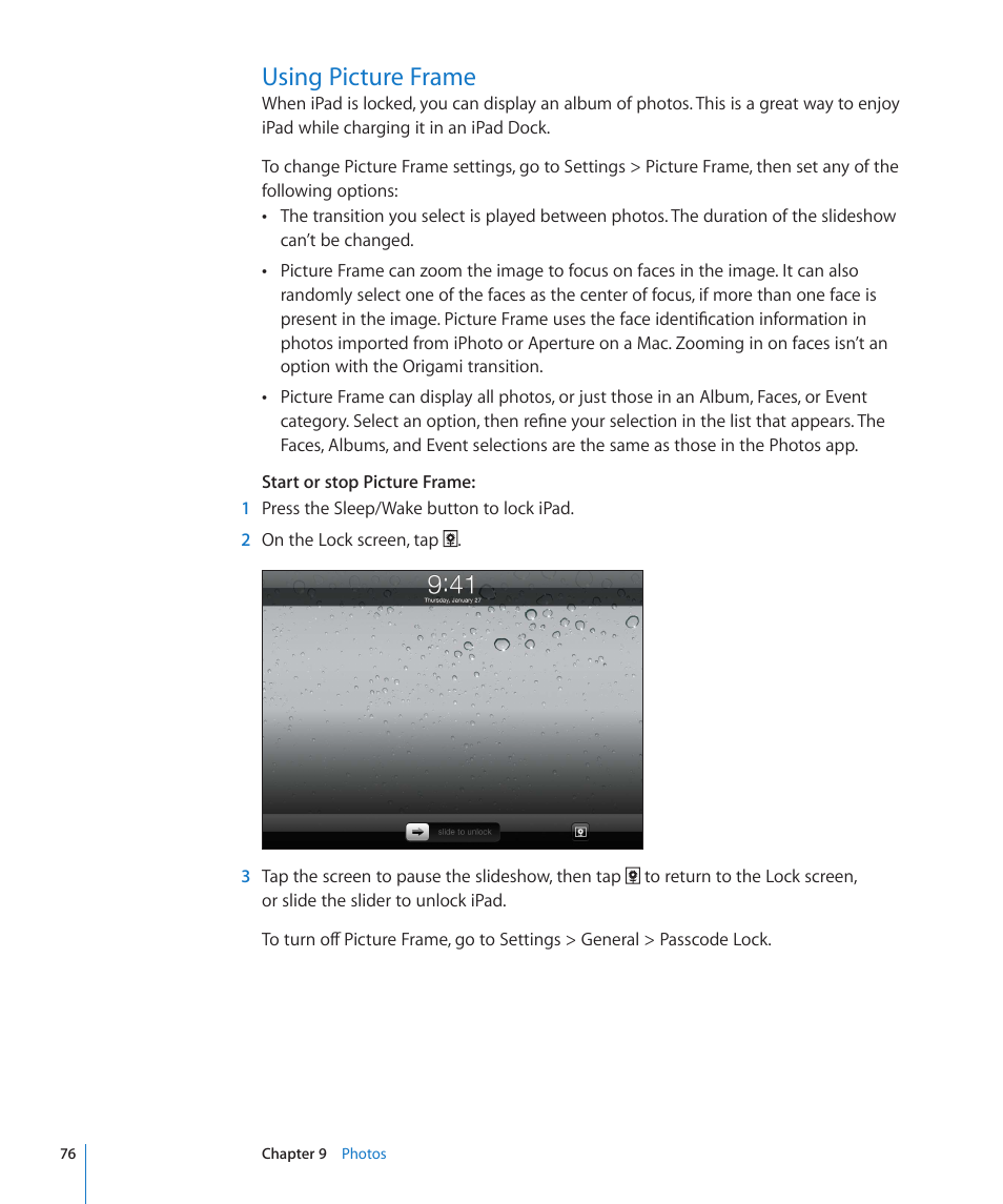 Using picture frame, 76 using picture frame | Apple iPad For iOS 4.3 User Manual | Page 76 / 198