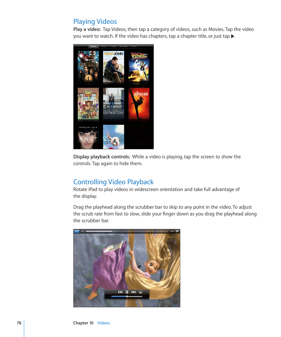 Playing videos, Controlling video playback, 78 playing videos 78 controlling video playback | Apple iPad For iOS 4.3 User Manual | Page 78 / 198