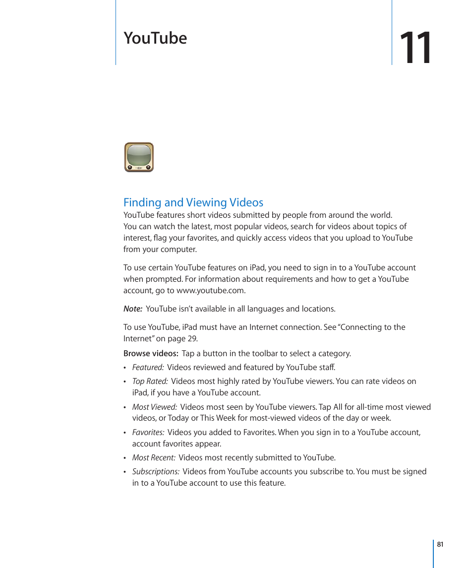 Chapter 11: youtube, Finding and viewing videos, 81 finding and viewing videos | Youtube | Apple iPad For iOS 4.3 User Manual | Page 81 / 198