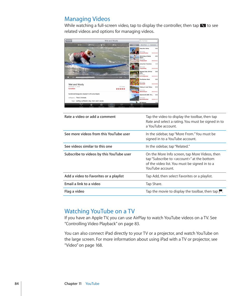 Managing videos, Watching youtube on a tv, 84 managing videos 84 watching youtube on a tv | Apple iPad For iOS 4.3 User Manual | Page 84 / 198