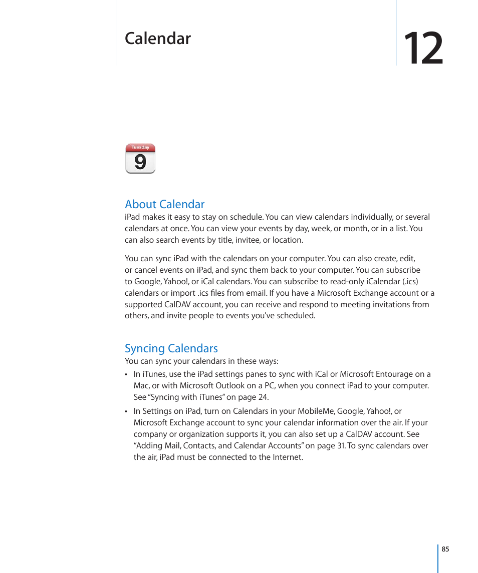 Chapter 12: calendar, About calendar, Syncing calendars | 85 about calendar 85 syncing calendars, Calendar | Apple iPad For iOS 4.3 User Manual | Page 85 / 198