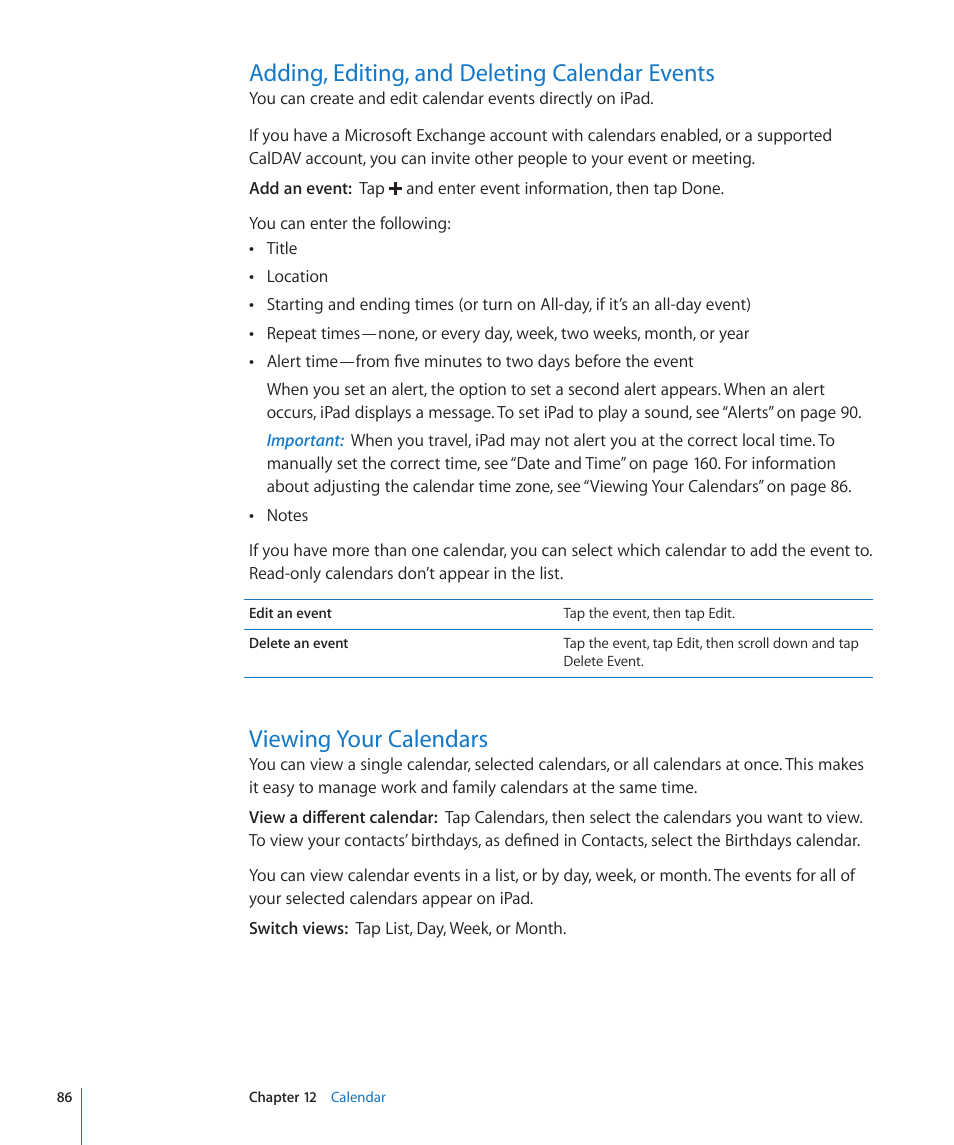 Adding, editing, and deleting calendar events, Viewing your calendars | Apple iPad For iOS 4.3 User Manual | Page 86 / 198