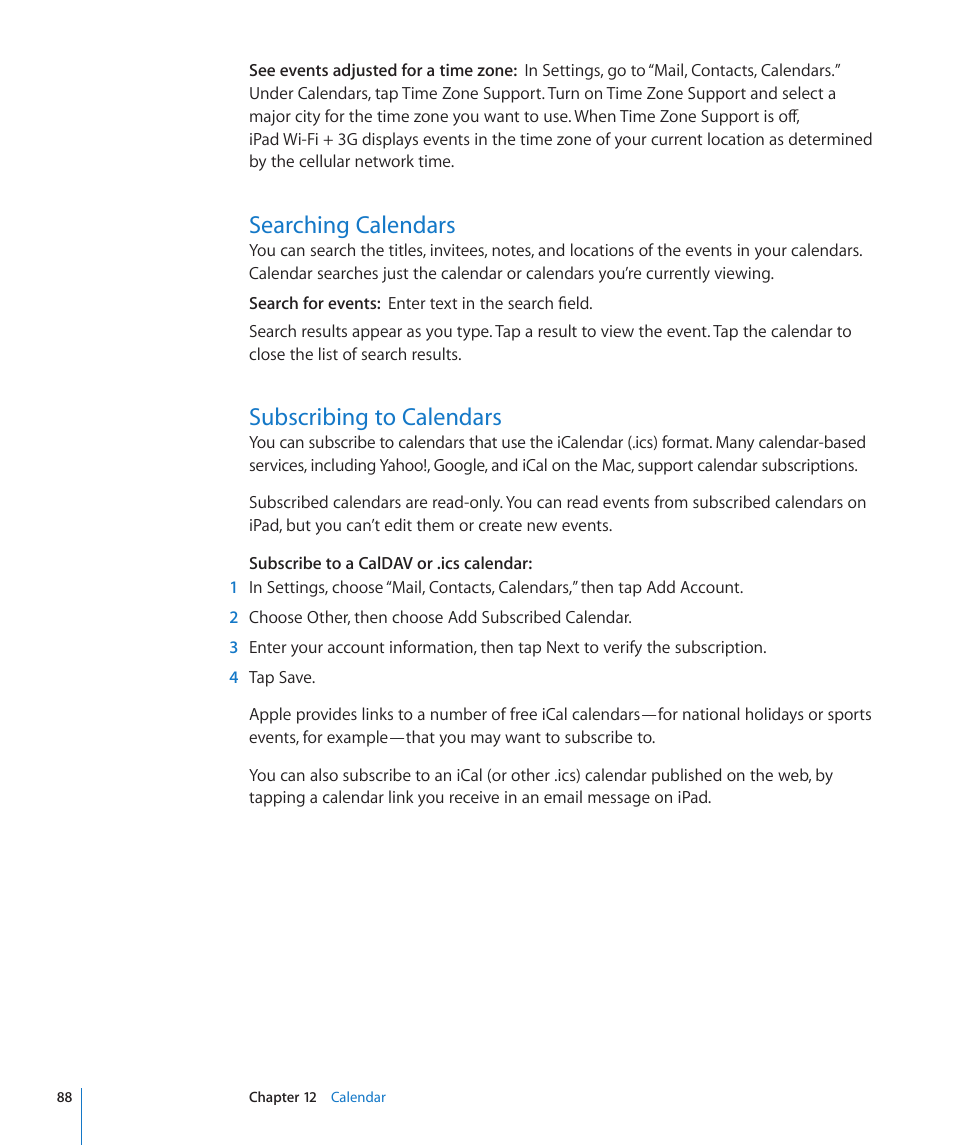 Searching calendars, Subscribing to calendars, 88 searching calendars 88 subscribing to calendars | Apple iPad For iOS 4.3 User Manual | Page 88 / 198