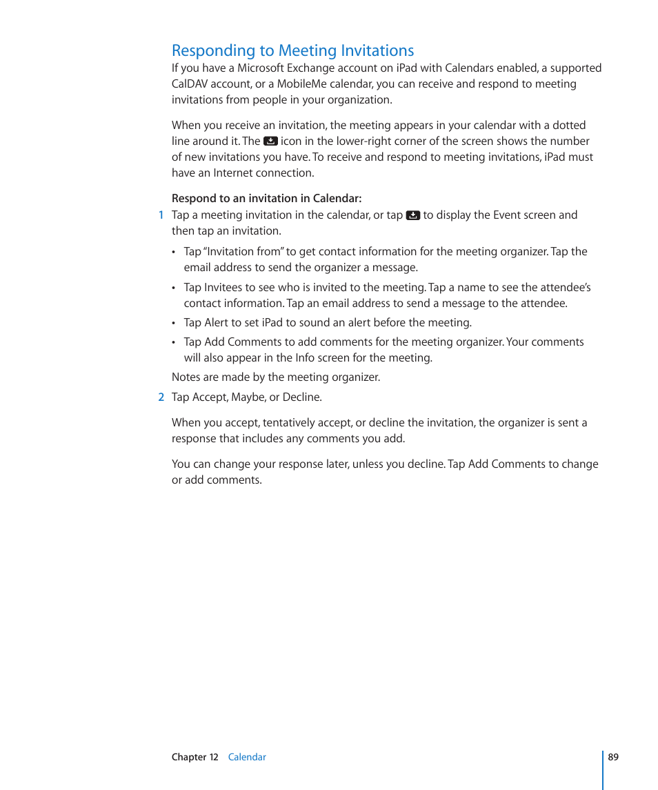 Responding to meeting invitations, 89 responding to meeting invitations | Apple iPad For iOS 4.3 User Manual | Page 89 / 198