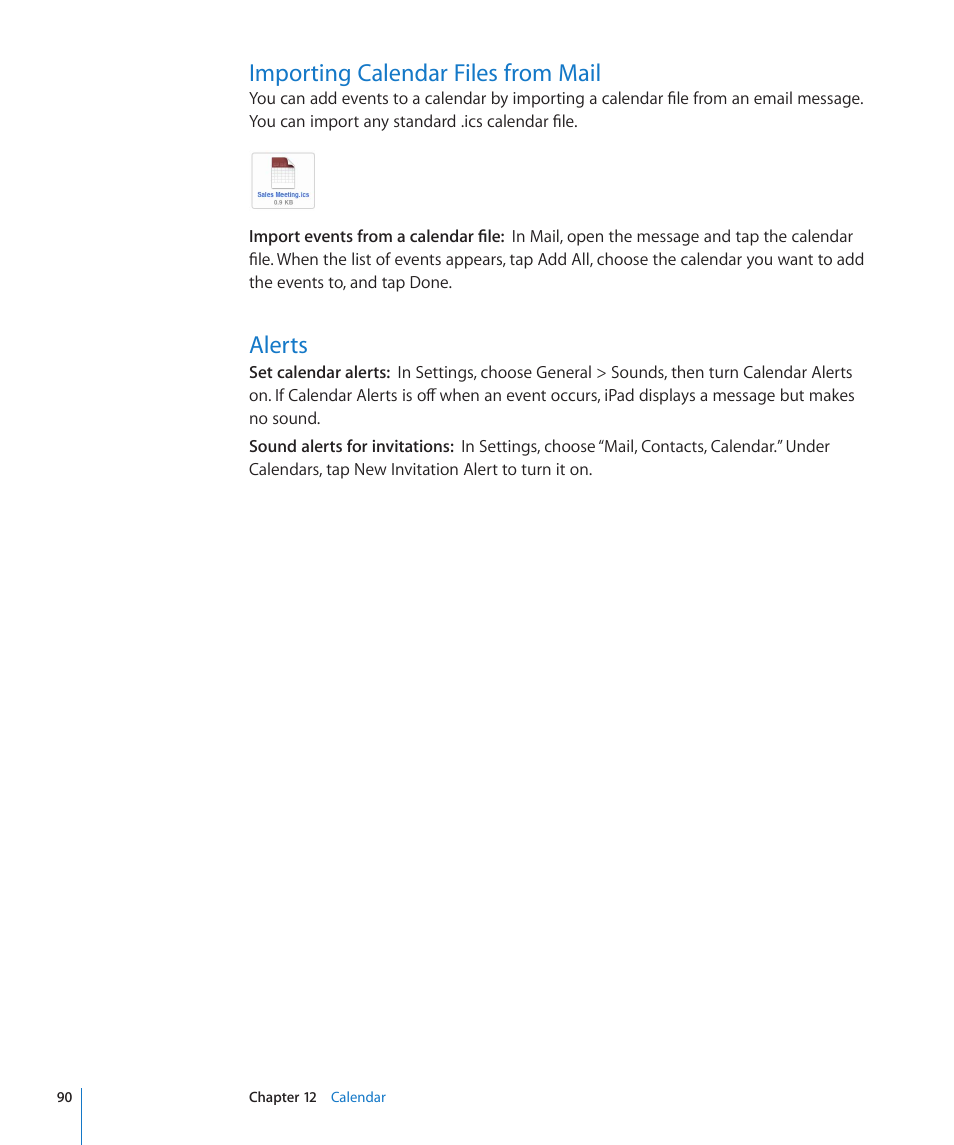 Importing calendar files from mail, Alerts, 90 importing calendar files from mail 90 alerts | Apple iPad For iOS 4.3 User Manual | Page 90 / 198