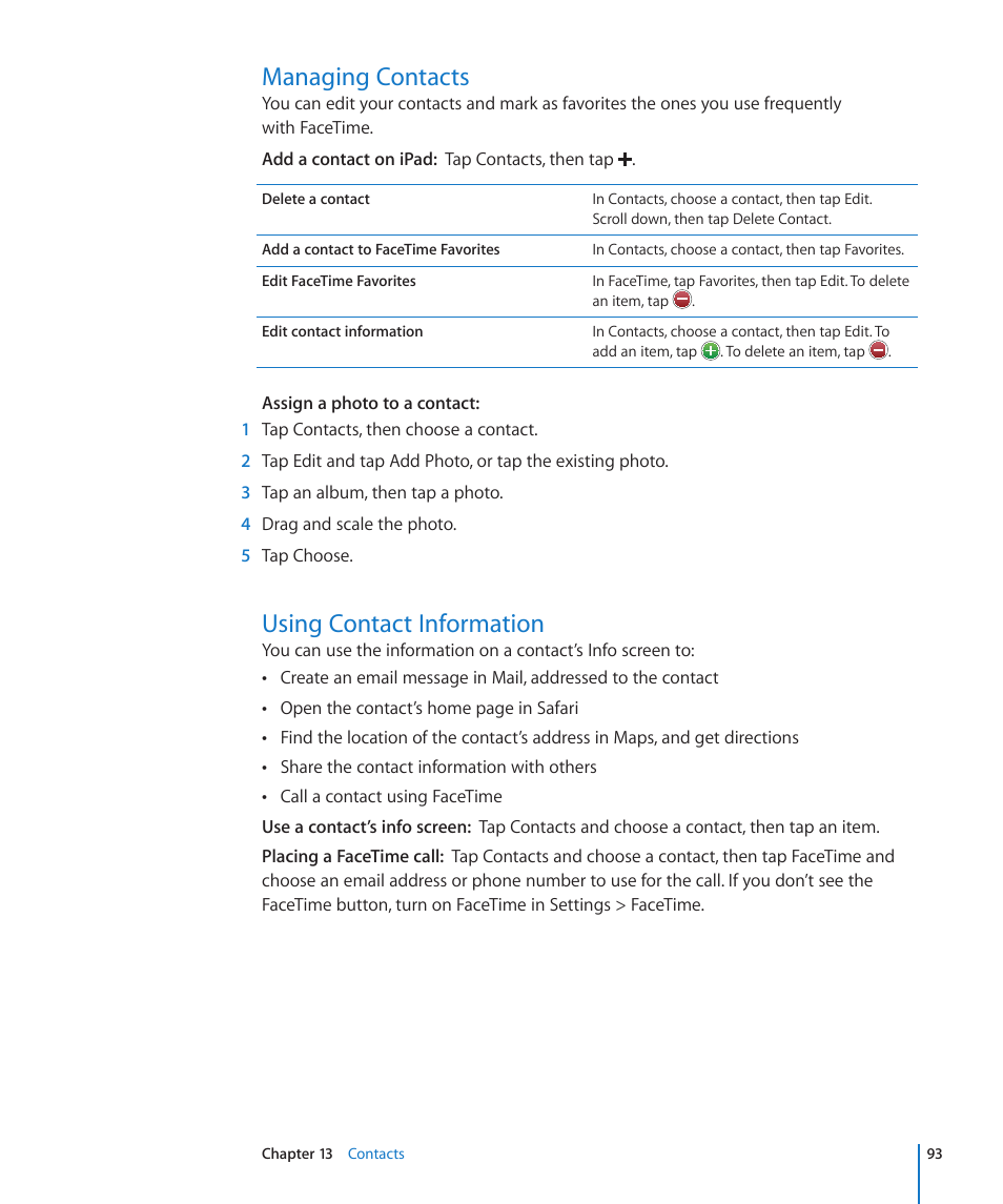 Managing contacts, Using contact information, 93 managing contacts 93 using contact information | Apple iPad For iOS 4.3 User Manual | Page 93 / 198