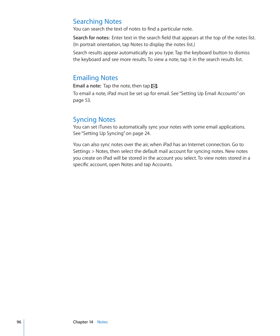 Searching notes, Emailing notes, Syncing notes | Apple iPad For iOS 4.3 User Manual | Page 96 / 198