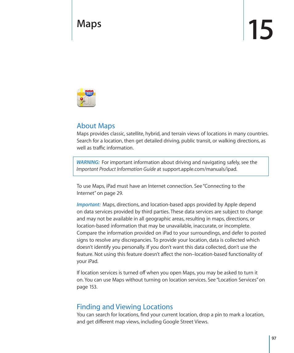 Chapter 15: maps, About maps, Finding and viewing locations | 97 about maps 97 finding and viewing locations, Maps | Apple iPad For iOS 4.3 User Manual | Page 97 / 198