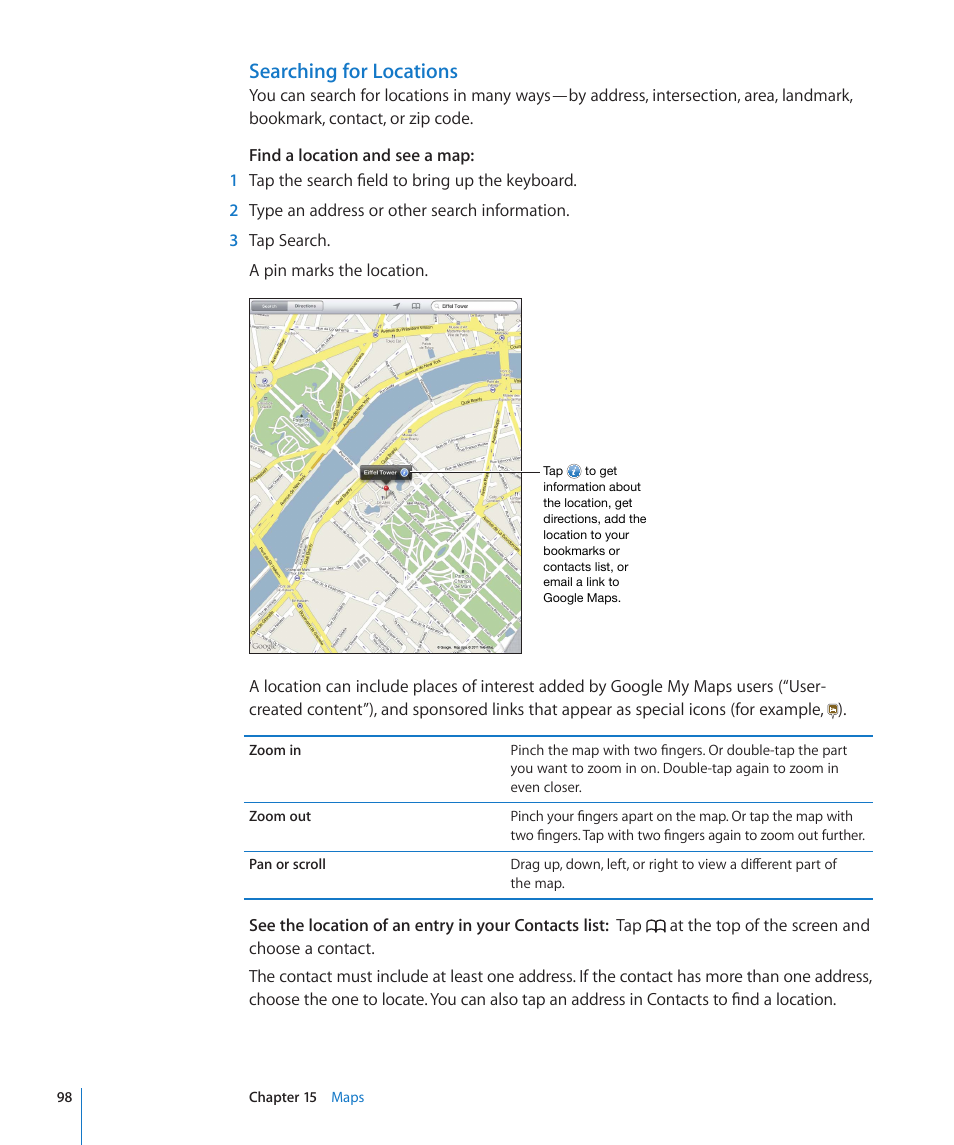 Searching for locations | Apple iPad For iOS 4.3 User Manual | Page 98 / 198