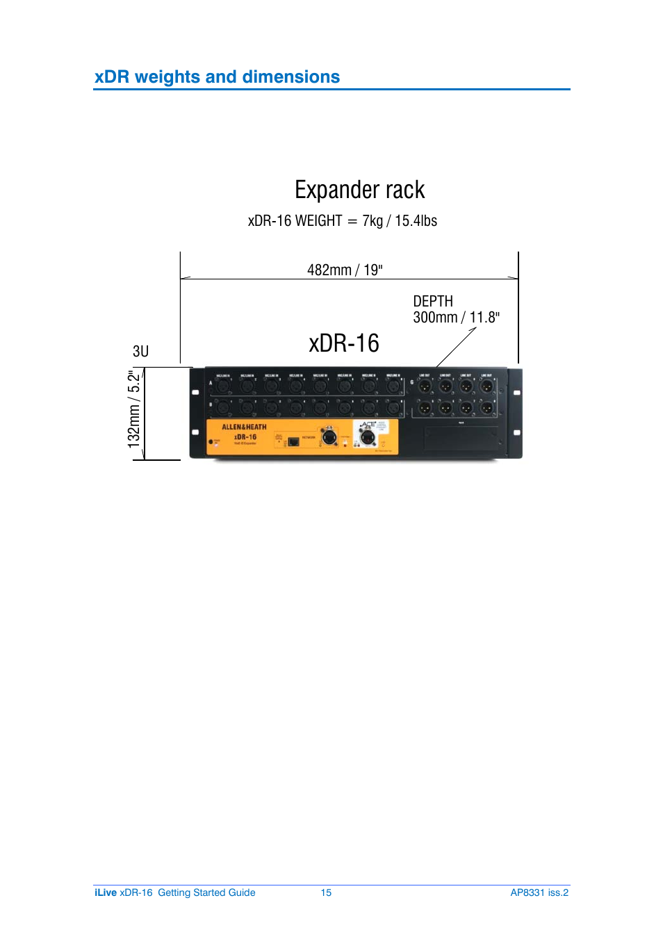 Xdr-16, Expander rack, Xdr weights and dimensions | Allen&Heath xDR-16 User Manual | Page 15 / 16