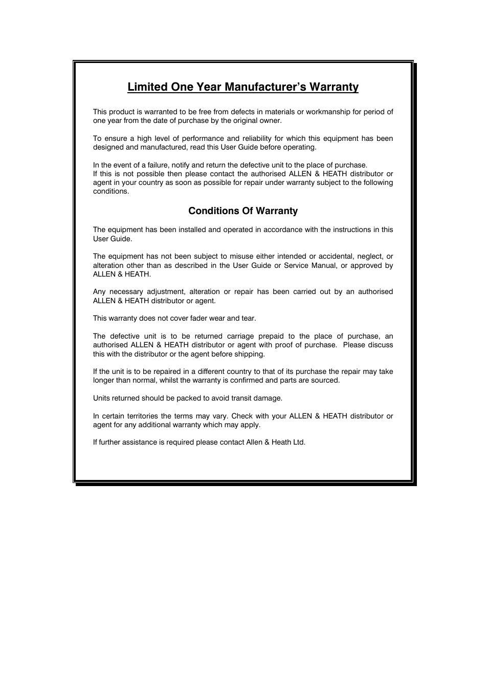 Limited one year manufacturer’s warranty, Conditions of warranty | Allen&Heath xDR-16 User Manual | Page 16 / 16