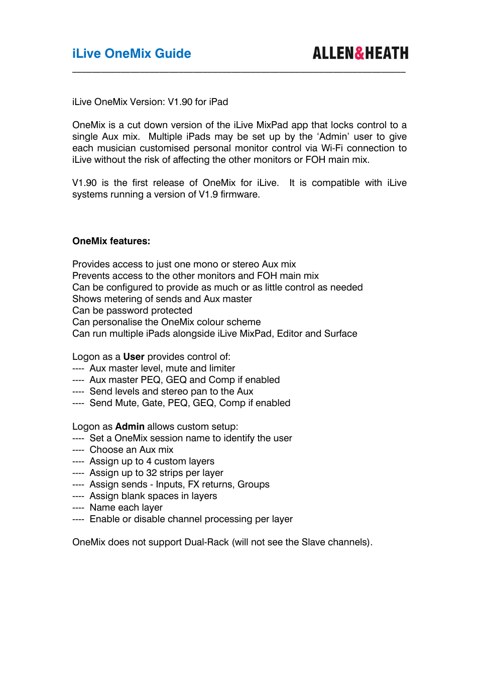 Allen&Heath iLive OneMix User Manual | 9 pages
