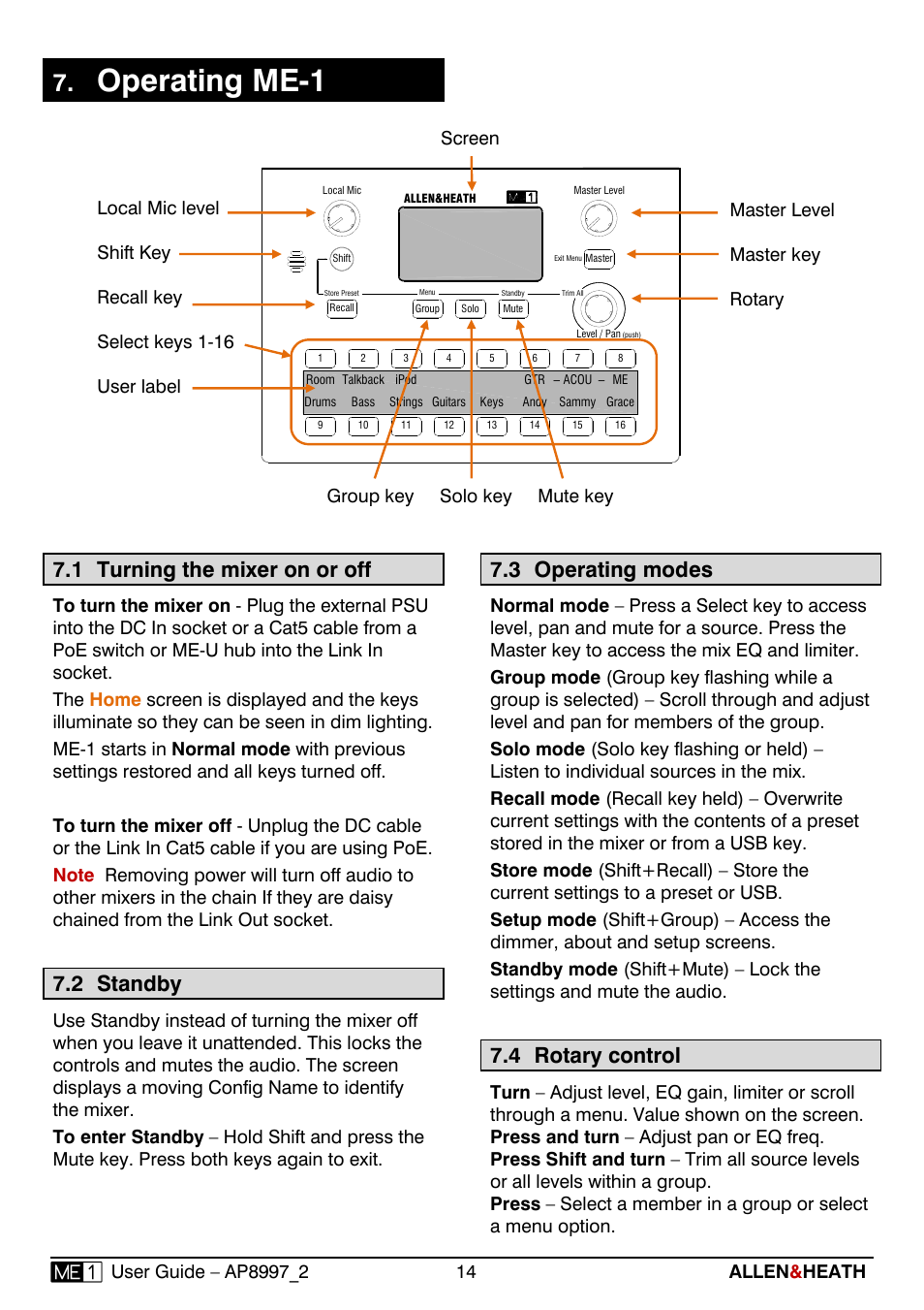 Operating me-1, 1 turning the mixer on or off, 2 standby | 3 operating modes, 4 rotary control | Allen&Heath ME-1 User Manual | Page 14 / 28