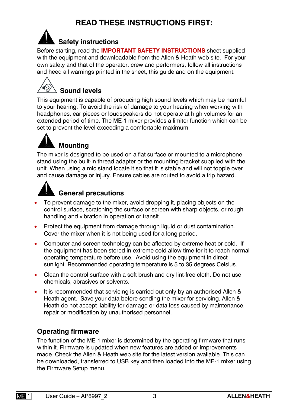 Read these instructions first | Allen&Heath ME-1 User Manual | Page 3 / 28