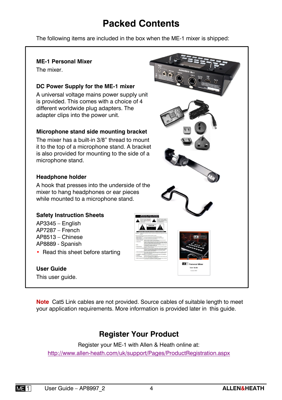 Packed contents, Register your product | Allen&Heath ME-1 User Manual | Page 4 / 28