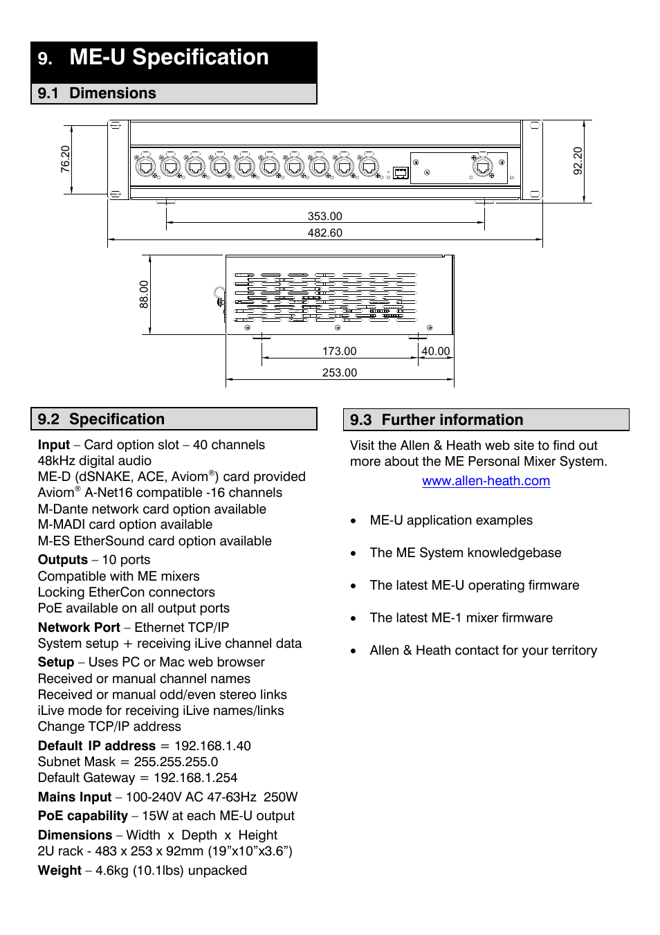 Me-u specification, 1 dimensions, 2 specification | 3 further information | Allen&Heath ME-U User Manual | Page 18 / 18