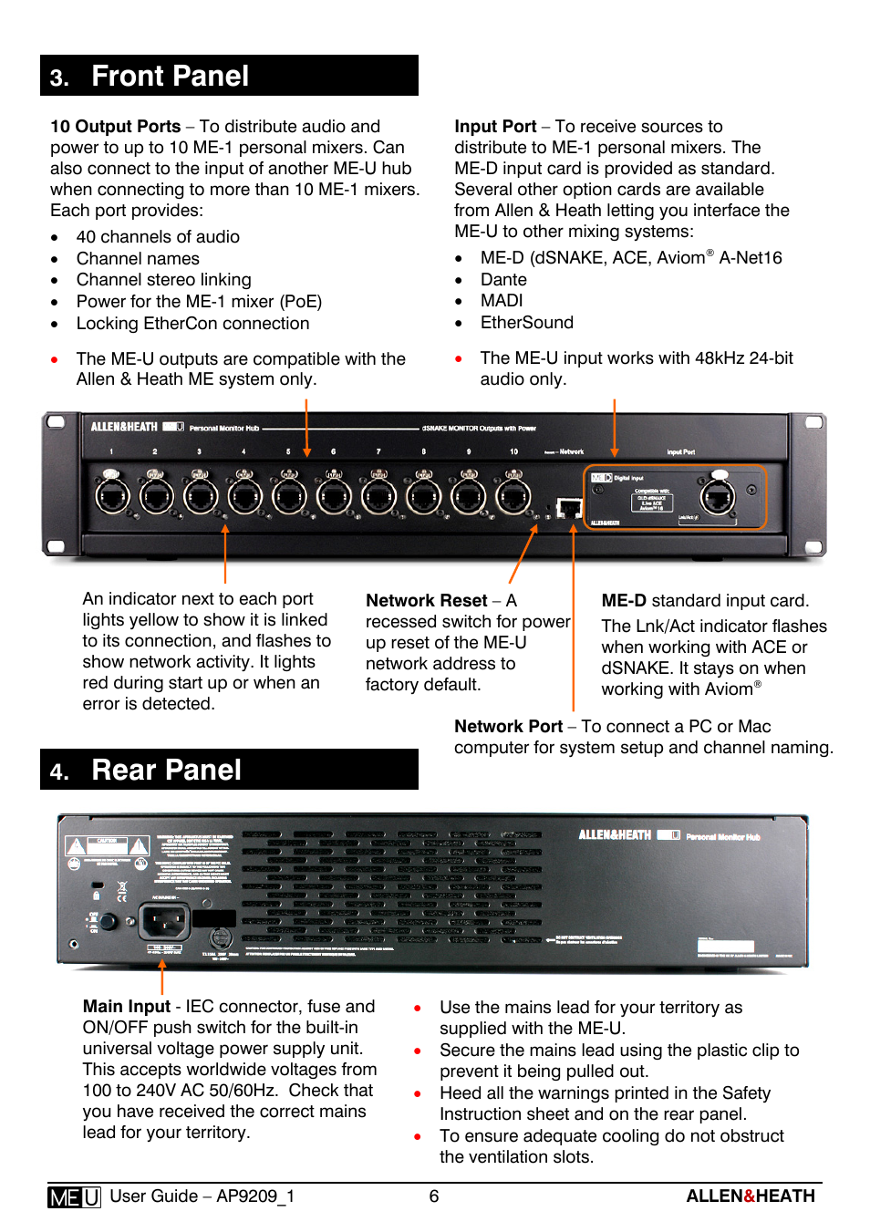 Front panel, Rear panel | Allen&Heath ME-U User Manual | Page 6 / 18