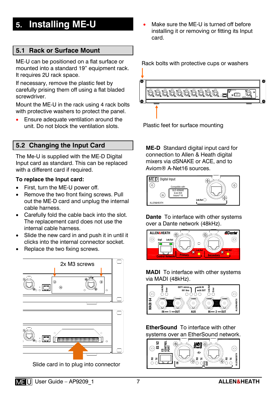 Installing me-u, 1 rack or surface mount, 2 changing the input card | Allen&Heath ME-U User Manual | Page 7 / 18