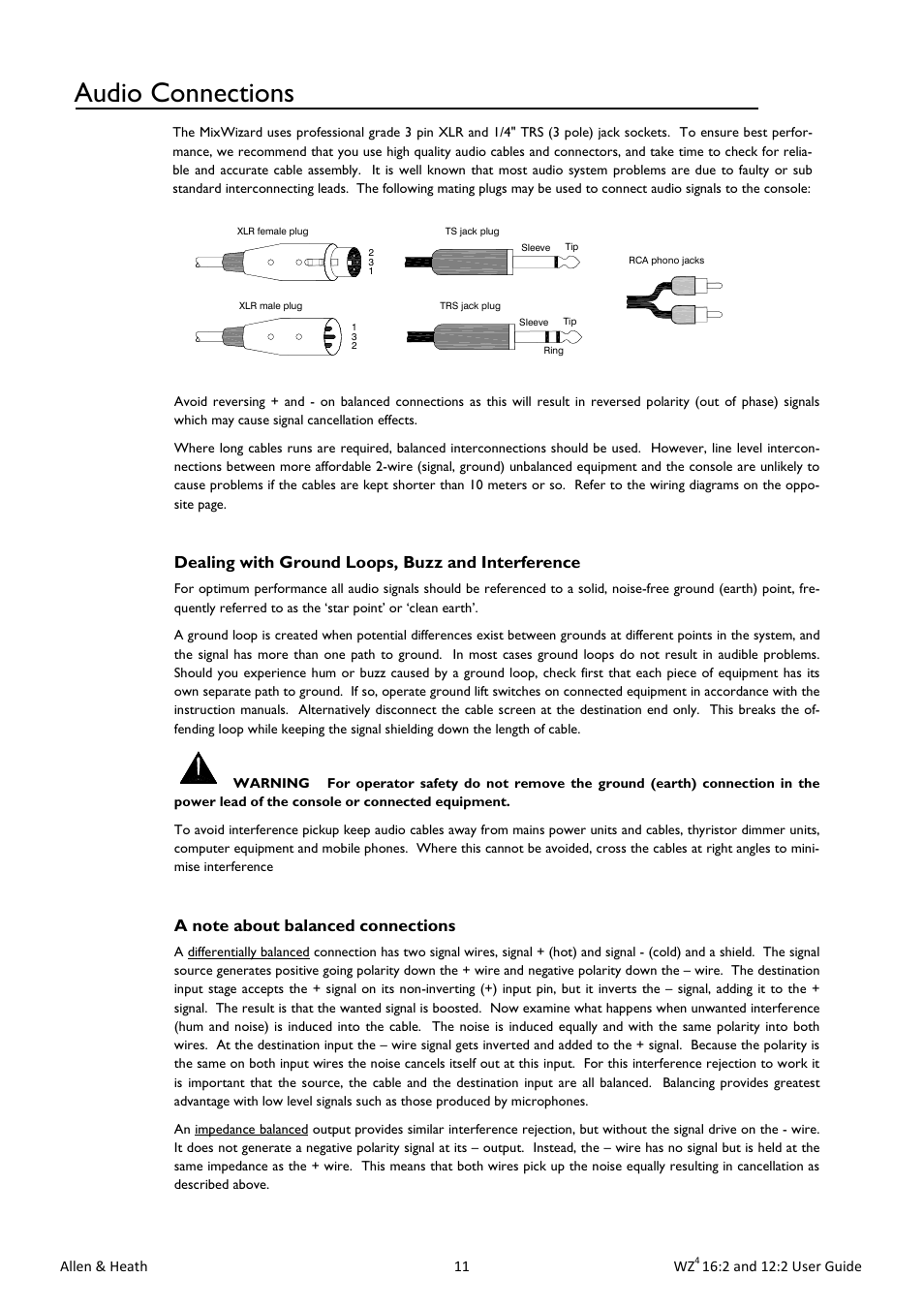 Audio connections, Dealing with ground loops, buzz and interference | Allen&Heath MixWizard WZ4 12-2 User Manual | Page 11 / 32