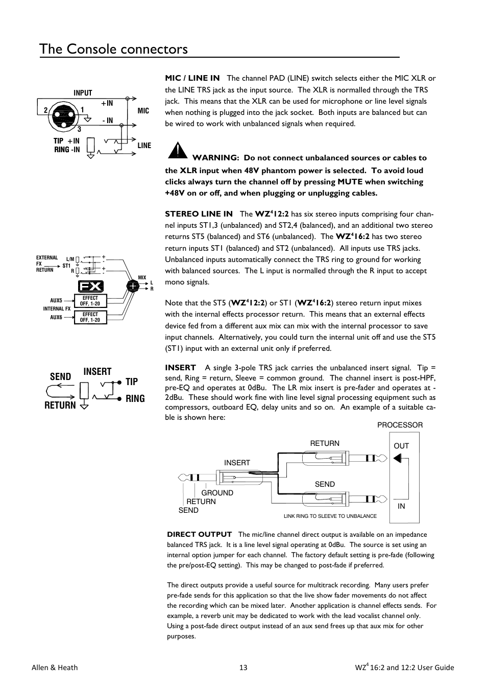 The console connectors, Insert return send ring tip | Allen&Heath MixWizard WZ4 12-2 User Manual | Page 13 / 32