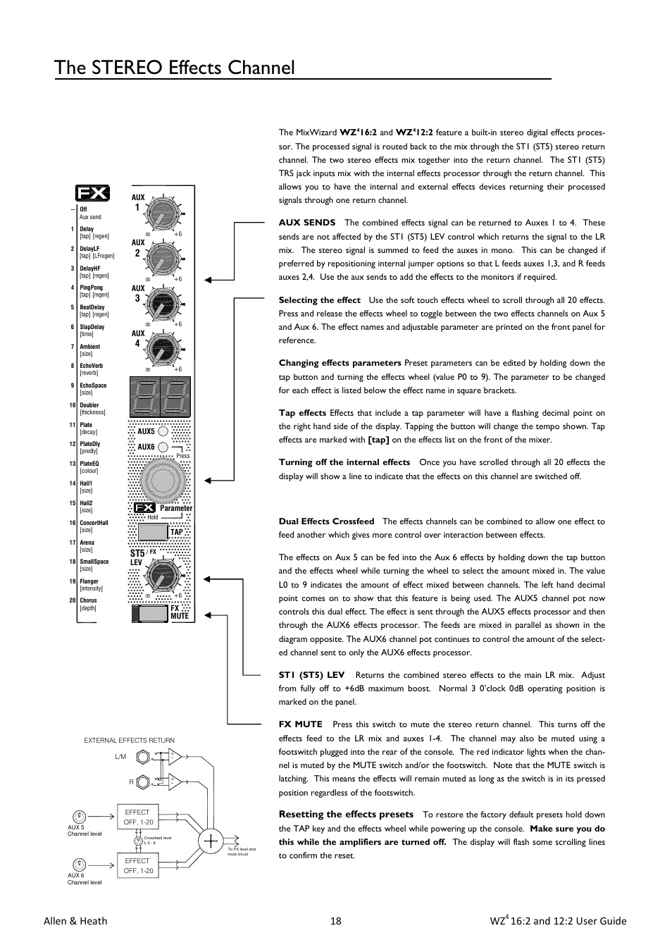 The stereo effects channel, Allen & heath 18 wz, 2 and 12:2 user guide | Resetting the effects presets | Allen&Heath MixWizard WZ4 12-2 User Manual | Page 18 / 32