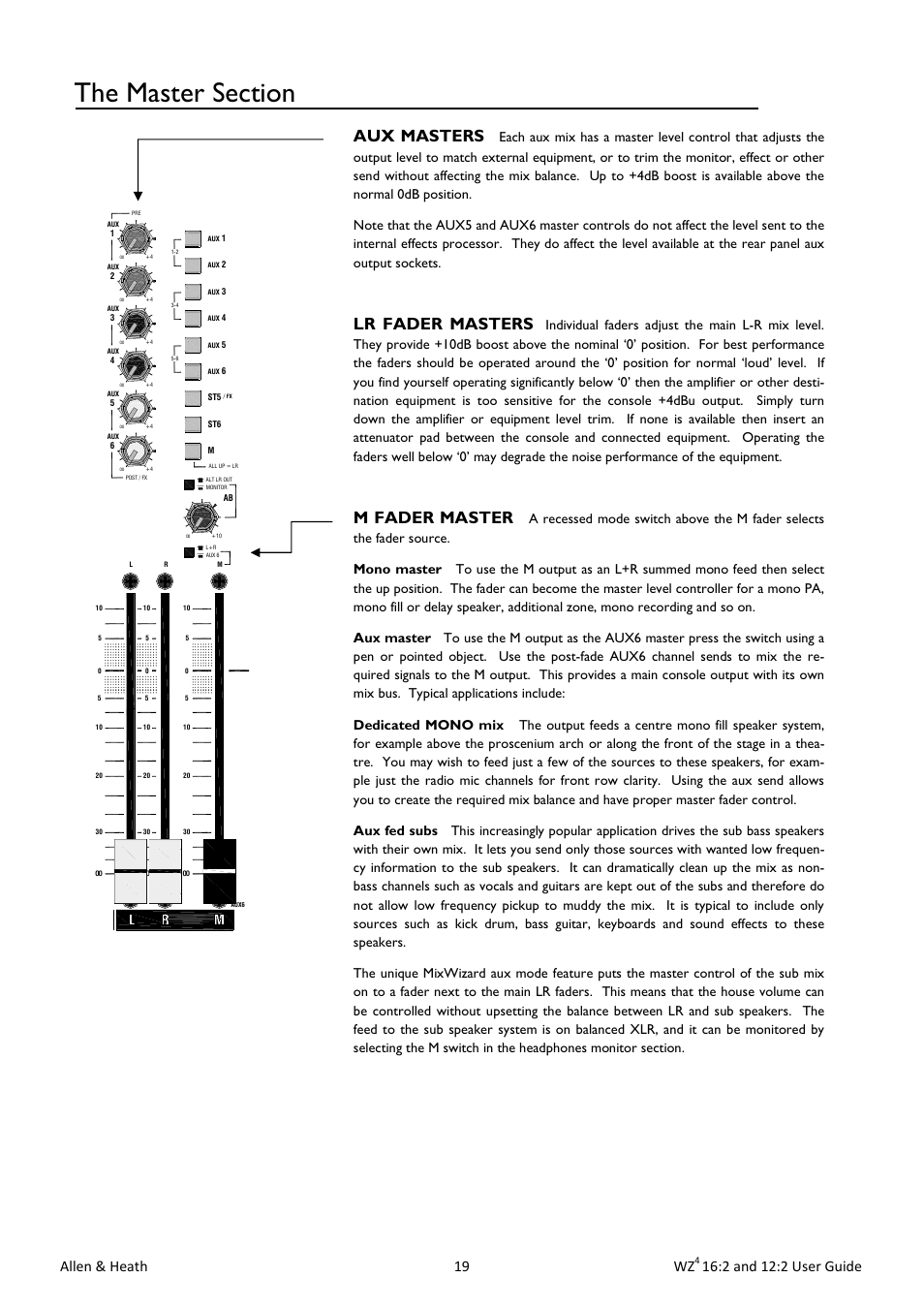 Aux masters, Lr fader masters, M fader master | Allen & heath 19 wz, 2 and 12:2 user guide | Allen&Heath MixWizard WZ4 12-2 User Manual | Page 19 / 32