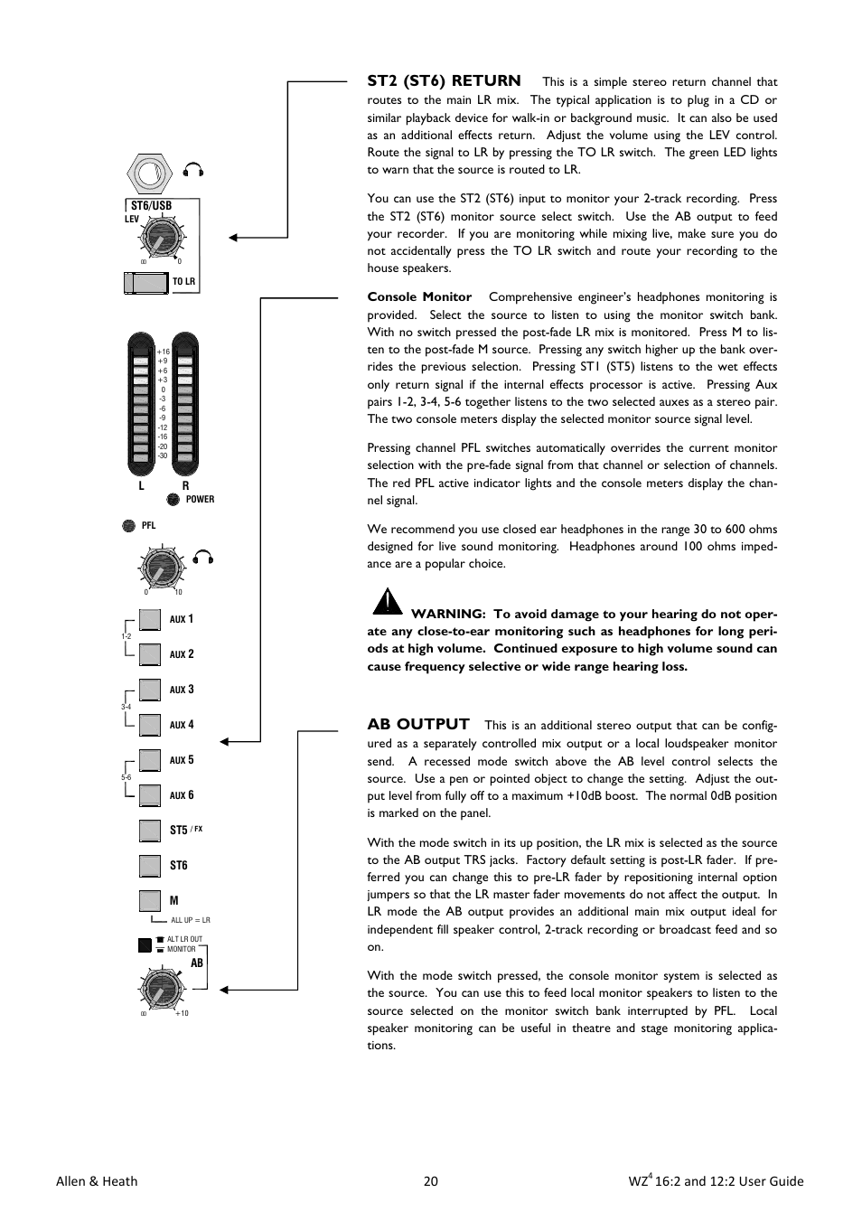 St2 (st6) return, Ab output, Allen & heath 20 wz | 2 and 12:2 user guide | Allen&Heath MixWizard WZ4 12-2 User Manual | Page 20 / 32