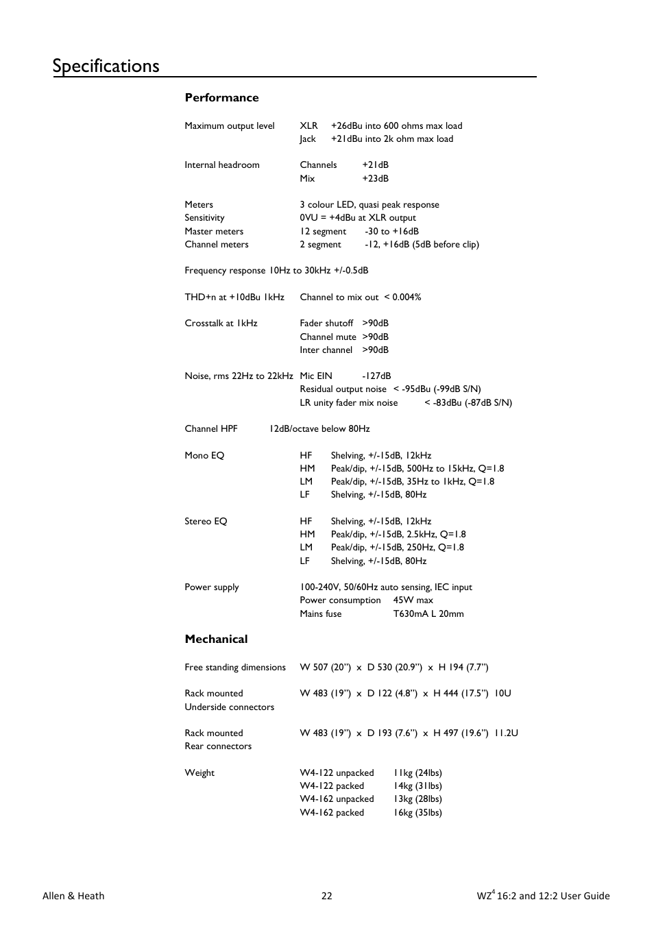 Specifications | Allen&Heath MixWizard WZ4 12-2 User Manual | Page 22 / 32