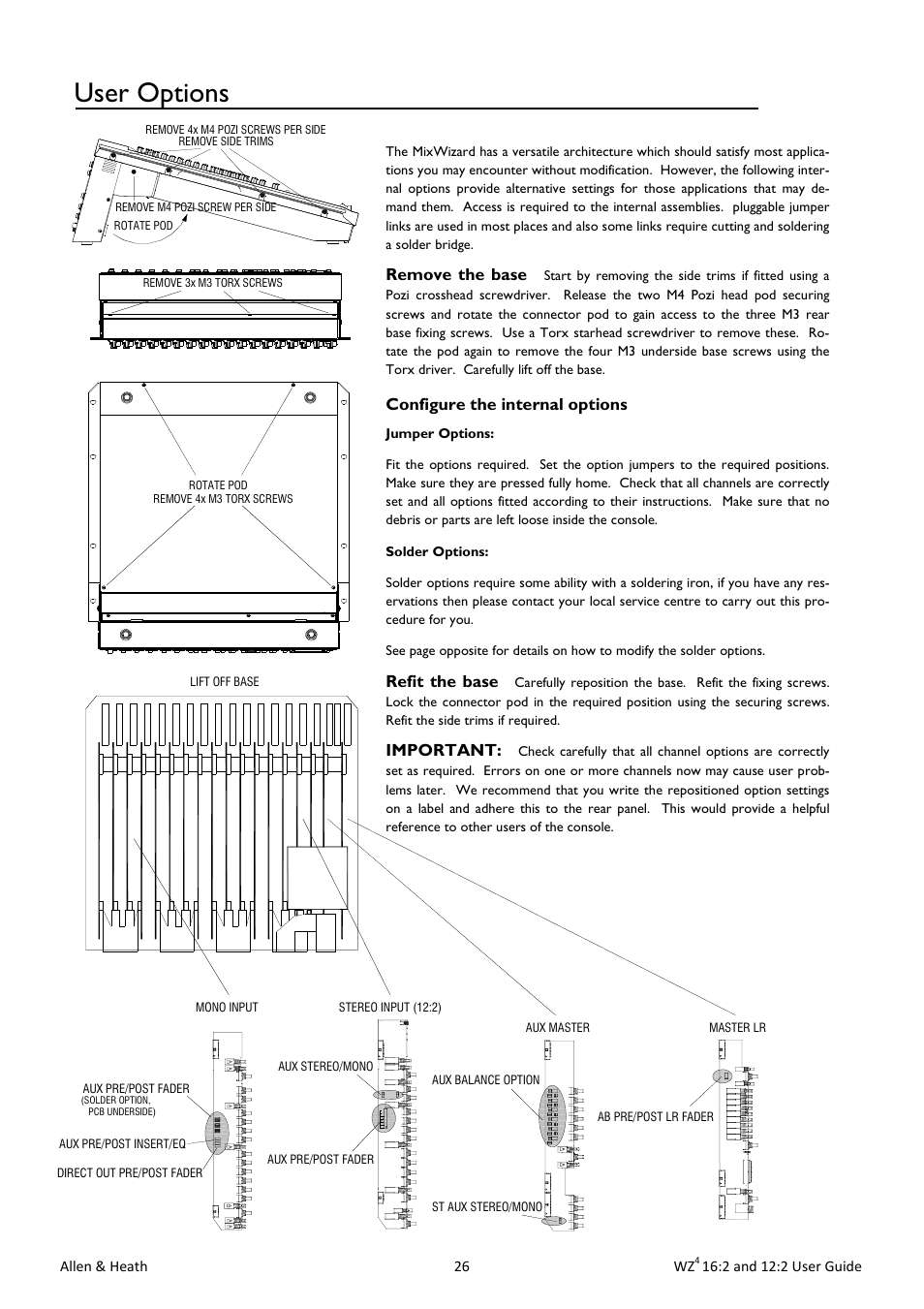 User options, Remove the base, Configure the internal options | Refit the base, Important | Allen&Heath MixWizard WZ4 12-2 User Manual | Page 26 / 32