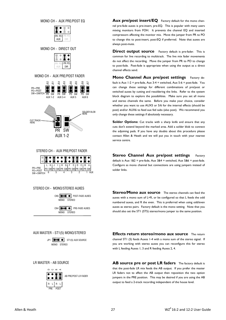 Pr sw aux 1-2, Aux pre/post insert/eq, Direct output source | Mono channel aux pre/post settings, Stereo channel aux pre/post settings, Stereo/mono aux source, Effects return stereo/mono aux source, Ab source pre or post lr faders, Allen & heath 27 wz, 2 and 12:2 user guide | Allen&Heath MixWizard WZ4 12-2 User Manual | Page 27 / 32