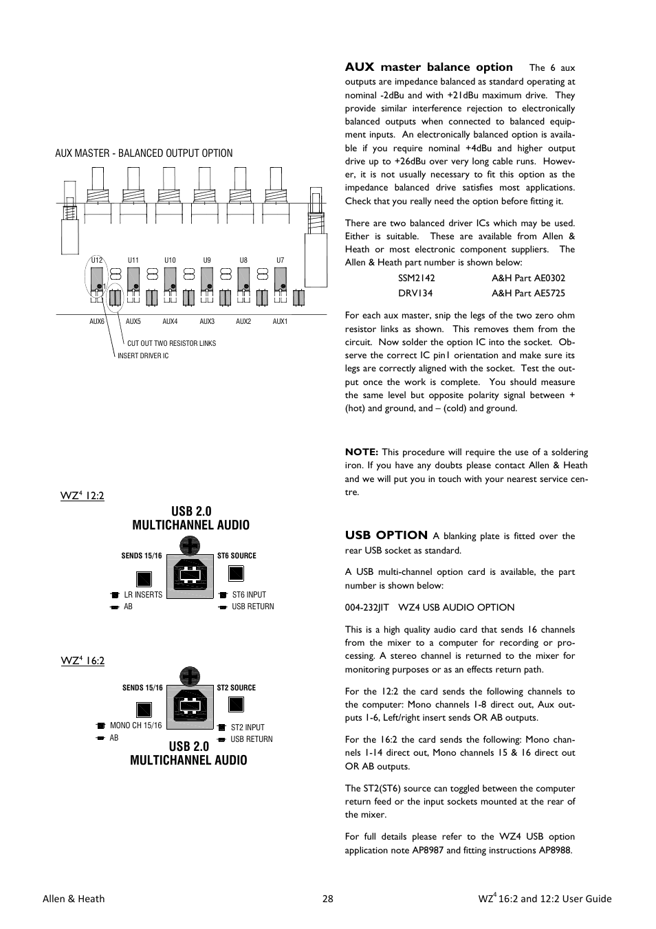 Multichannel audio usb 2.0, Aux master balance option, Usb option | Allen&Heath MixWizard WZ4 12-2 User Manual | Page 28 / 32