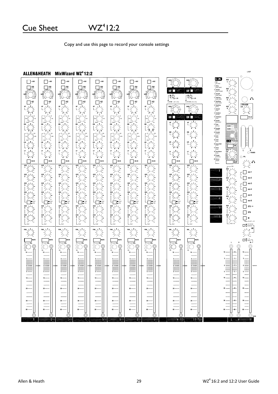 Cue sheet wz, Allen & heath 29 wz, 2 and 12:2 user guide | Allen&heath mixwizard wz | Allen&Heath MixWizard WZ4 12-2 User Manual | Page 29 / 32