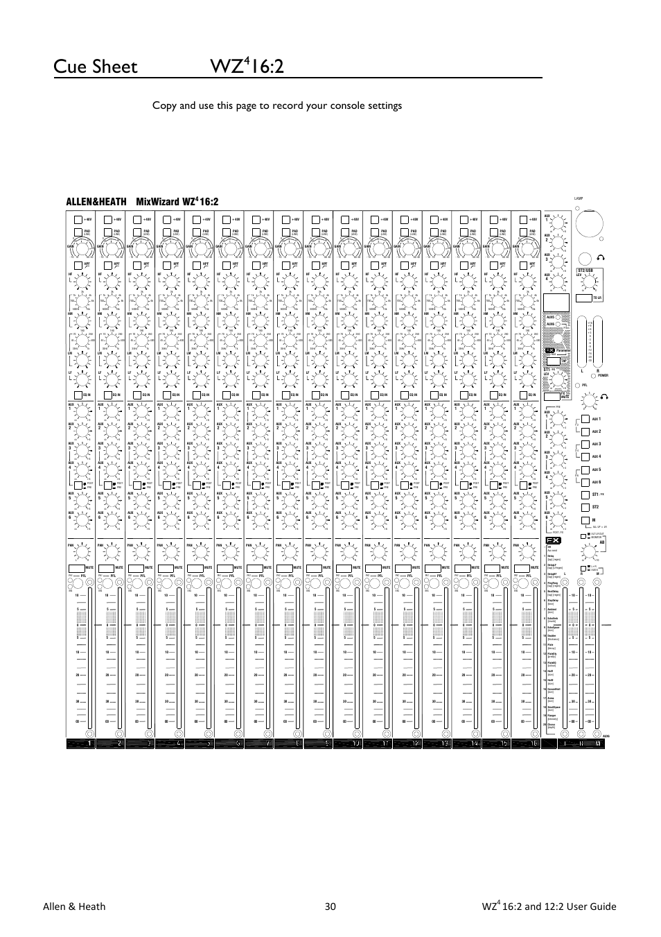 Cue sheet wz, Allen & heath 30 wz, 2 and 12:2 user guide | Mixwizard wz allen&heath | Allen&Heath MixWizard WZ4 12-2 User Manual | Page 30 / 32