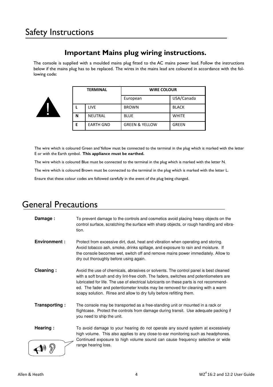 General precautions, Safety instructions, Important mains plug wiring instructions | Allen&Heath MixWizard WZ4 12-2 User Manual | Page 4 / 32