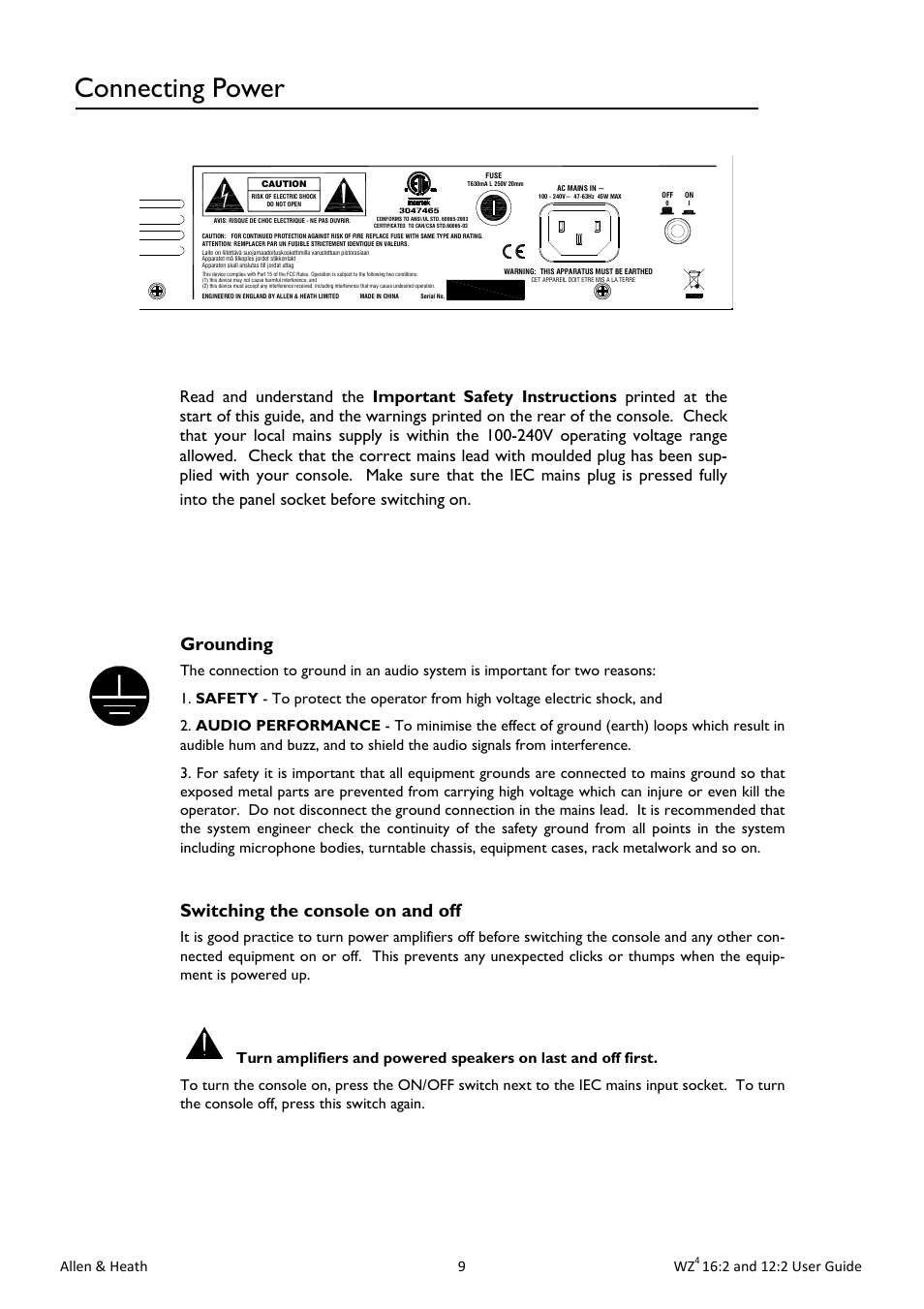 Connecting power, Grounding, Switching the console on and off | Allen & heath 9 wz, 2 and 12:2 user guide | Allen&Heath MixWizard WZ4 12-2 User Manual | Page 9 / 32