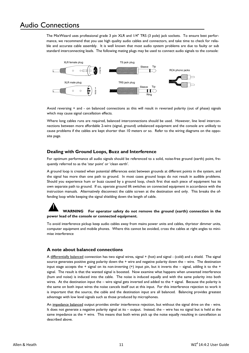 Audio connections, Dealing with ground loops, buzz and interference | Allen&Heath MixWizard WZ4 14-4-2 User Manual | Page 11 / 28