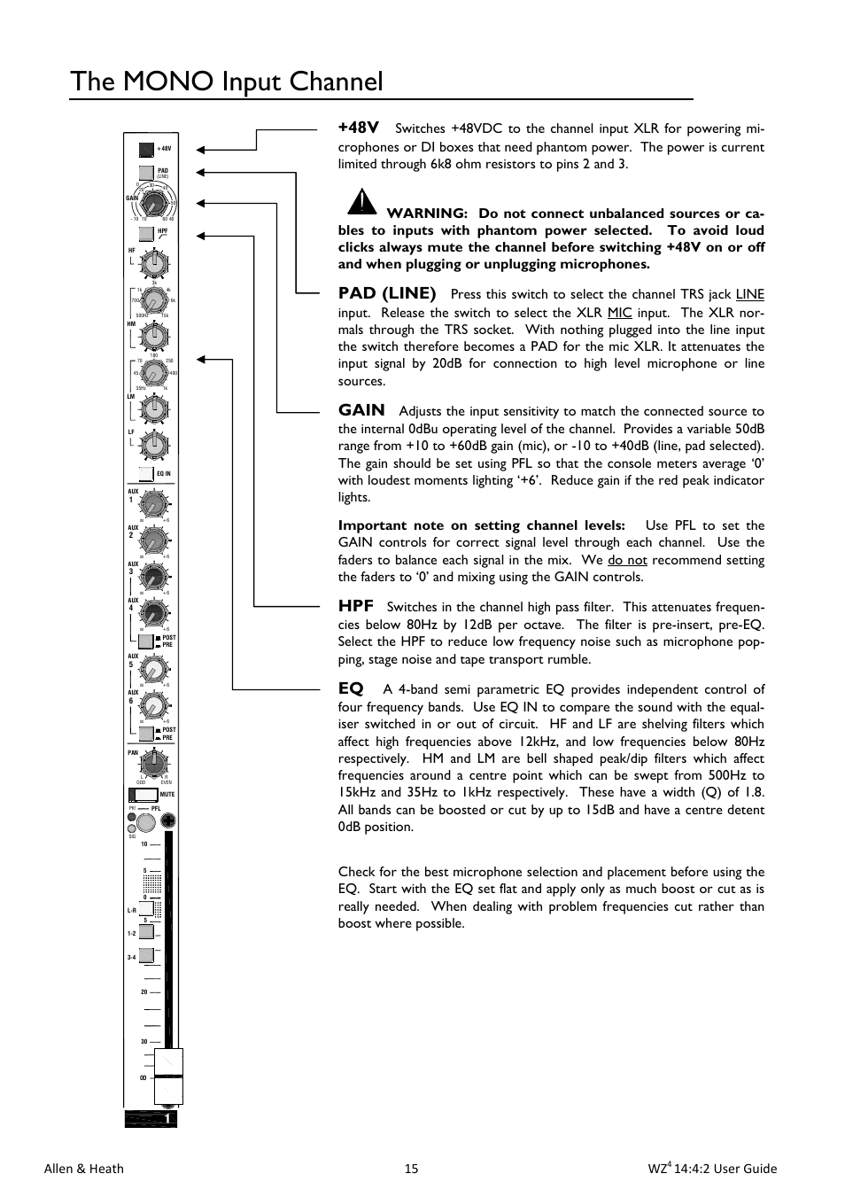 The mono input channel, Pad (line), Gain | Allen & heath 15 wz, 4:2 user guide | Allen&Heath MixWizard WZ4 14-4-2 User Manual | Page 15 / 28